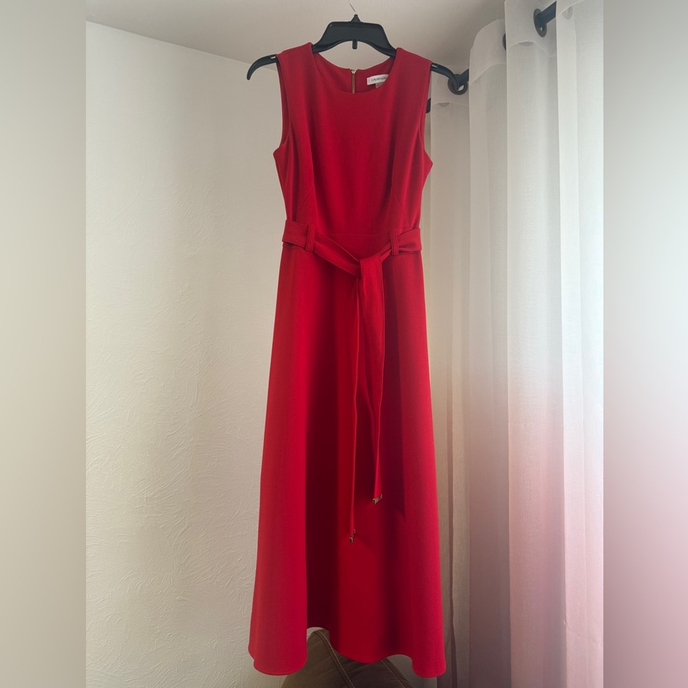 Calvin Klein Women's Fit & Flare Belted
A-Line Bright Red Midi Dress Size 2 - Picture 2 of 9